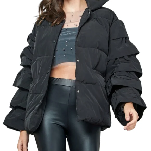 Women's Black Tiered Ruffle Sleeve Puffer Coat NWT - (#0137) - Picture 2 of 2